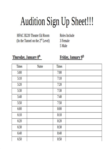 casting sheet metal|audition sign up sheet.